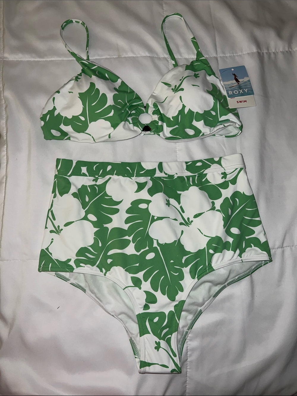 Roxy Green and White Floral Two-Piece High-Waist Bikini